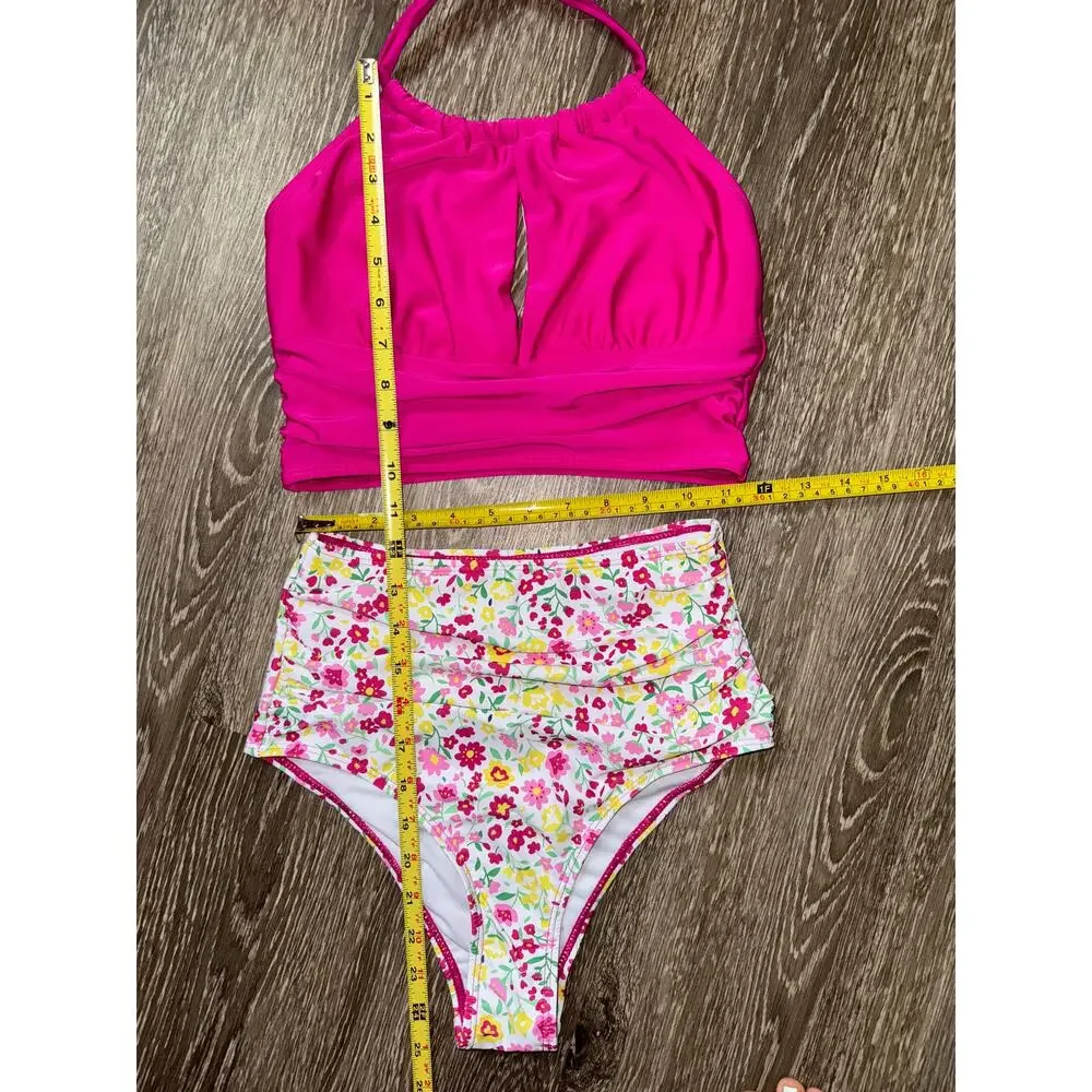 New Small Tankini‎ 2 Piece Swimsuit Swim Beach Floral Pink Halter High